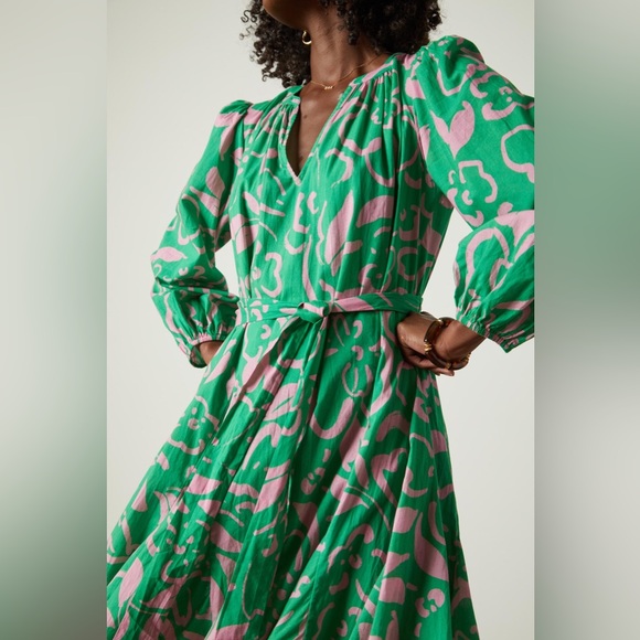 $325 VELVET Kiki‎ Printed Cotton Dress green pink RHODE Ella swing belted mini - Picture 2 of 9